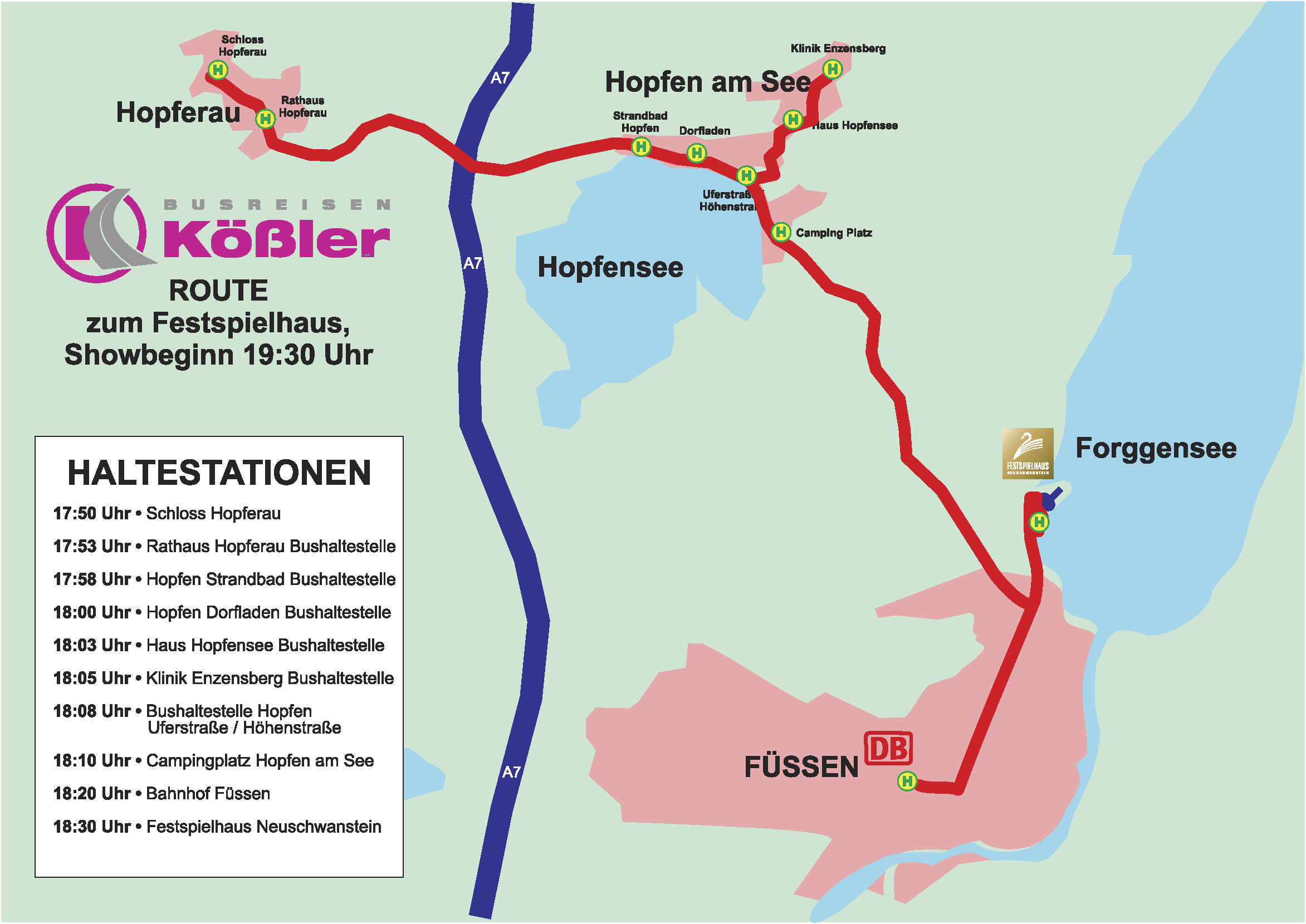 Busroute zum Festspielhaus Füssen durch Hopferau und Hopfen.