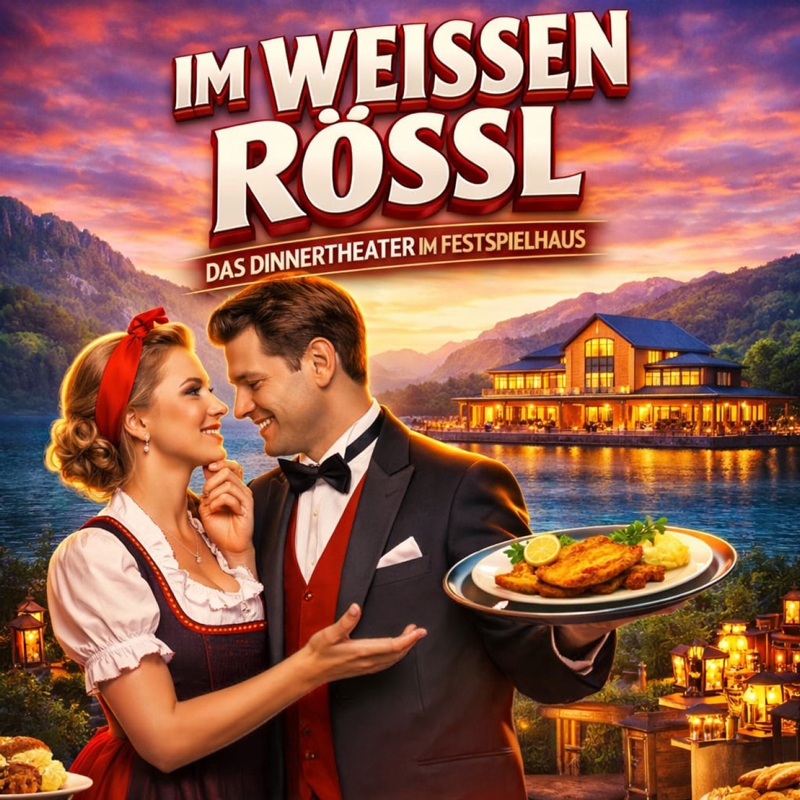 Dinner-Theater-Plakat vor malerischer Bergkulisse