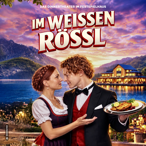 Musicalplakat „Im weißen Rössl“ mit Paar am See