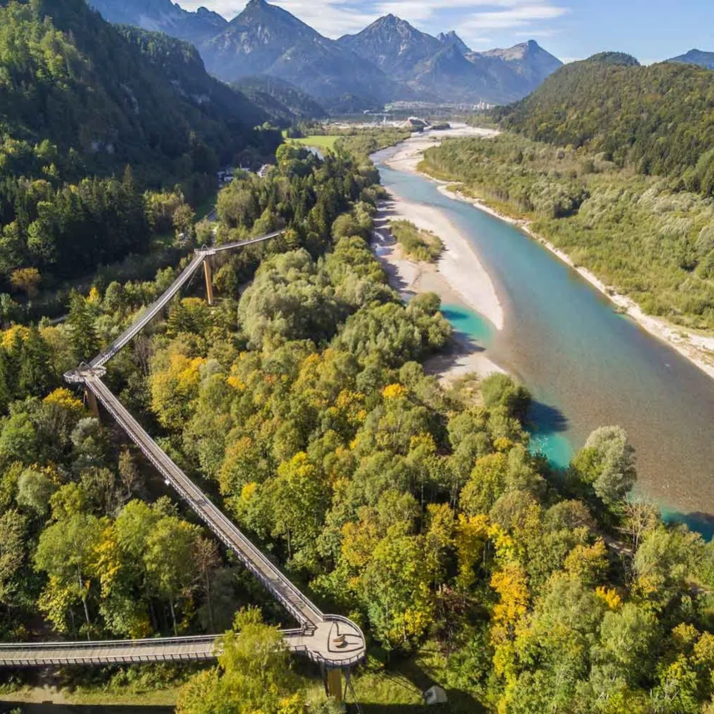 Berglandschaft mit Fluss und Baumwipfelpfad im Wald.
